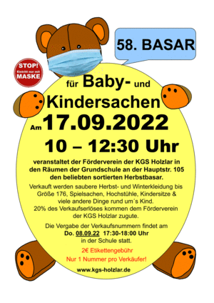 Infos zum 58. Basar für Babysachen und Kindersachen am 17.09.2022 in der KGS Holzlar